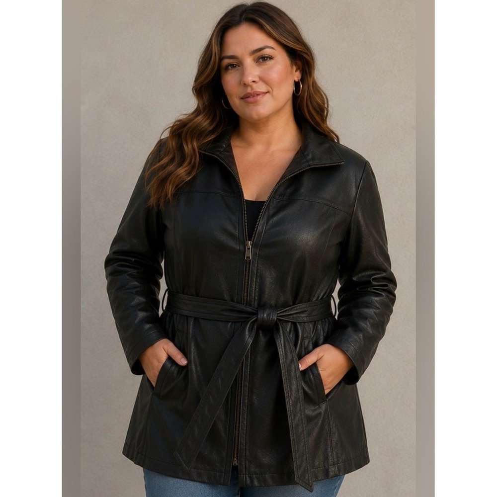 Vintage Black Leather Belted Jacket - Picture 1 of 4
